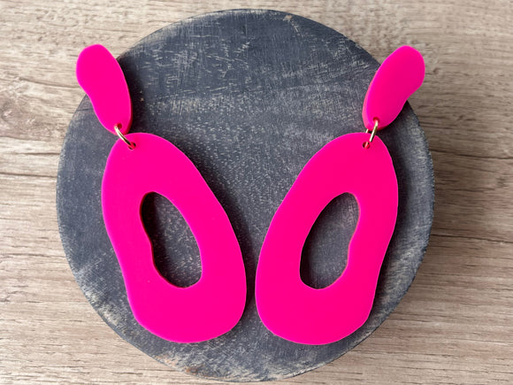 Fuchsia Pink Lucite Acrylic Big Dangle Statement Earrings - Sylvia