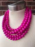 Hot Pink Acrylic Lucite Big Bead Chunky Multi Strand Necklace - Angelina
