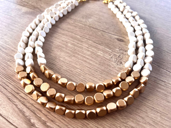 White Gold Wood Beaded Chunky Multi Strand Statement Necklace - Lisa