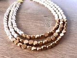 White Gold Wood Beaded Chunky Multi Strand Statement Necklace - Lisa