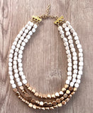 White Gold Wood Beaded Chunky Multi Strand Statement Necklace - Lisa