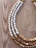 White Gold Wood Beaded Chunky Multi Strand Statement Necklace - Lisa