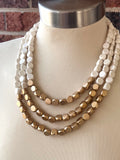 White Gold Wood Beaded Chunky Multi Strand Statement Necklace - Lisa