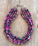 Green Pink Statement Beaded Chunky Faceted Stone Necklace - Tara