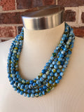 Green Blue Statement Beaded Chunky Faceted Stone Necklace - Tara