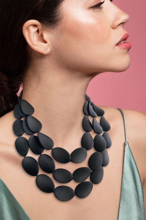 Black Rubber Matte Beaded Chunky Multi Strand Statement Necklace - Morgan
