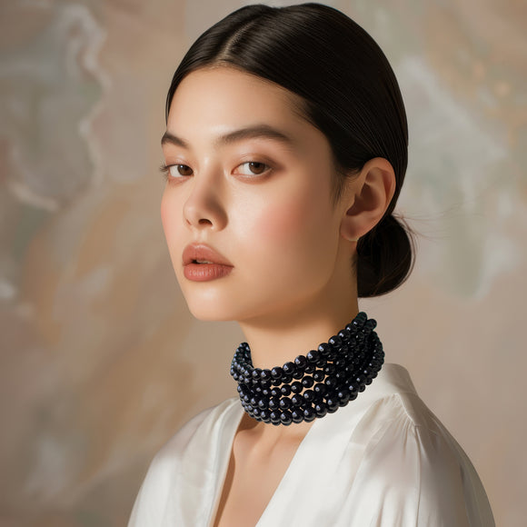Black Choker Beaded Acrylic Chunky Multi Strand Statement Necklace - Alana