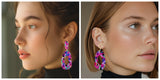 The image is a collage of two photos featuring a woman wearing colorful earrings.