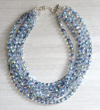 Blue Gray Crystal Faceted Beaded Multi Strand Chunky Statement Necklace - Rebecca