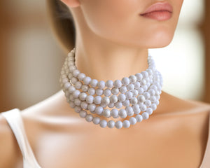 White Pearl Acrylic Choker Beaded Lucite Chunky Multi Strand Statement Necklace - Alana