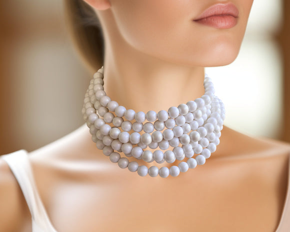White Pearl Acrylic Choker Beaded Lucite Chunky Multi Strand Statement Necklace - Alana