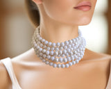 White Pearl Acrylic Choker Beaded Lucite Chunky Multi Strand Statement Necklace - Alana
