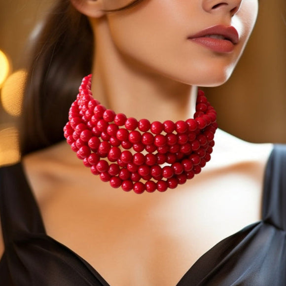 Red Choker Beaded Acrylic Multi Strand Statement Necklace - Alana