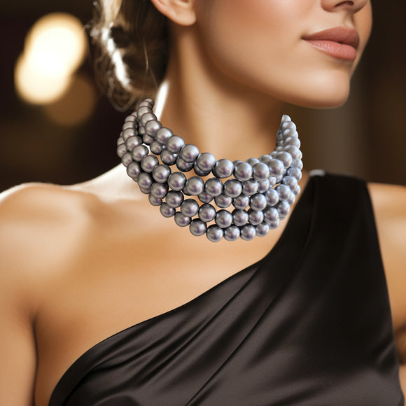 Silver Choker Matte Big Beaded Acrylic Chunky Multi Strand Statement Necklace - Alana