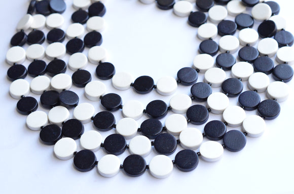 Black White Wood Geometric Multi Strand Statement Necklace - Charlotte