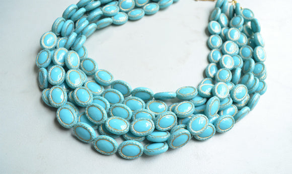 Blue Gold Acrylic Bead Chunky Multi Strand Statement Necklace - Ava