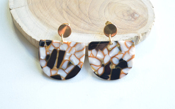 Black Ivory Lucite Big Dangle Terrazzo Statement Earrings - Nora