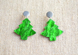Green Christmas Pine Tree Lucite Acrylic Dangle Statement Earrings