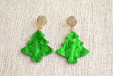 Green Christmas Pine Tree Lucite Acrylic Dangle Statement Earrings