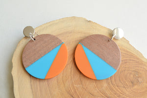 Orange Blue Wood Lucite Large Geometric Statement Dangle Earrings - Orville