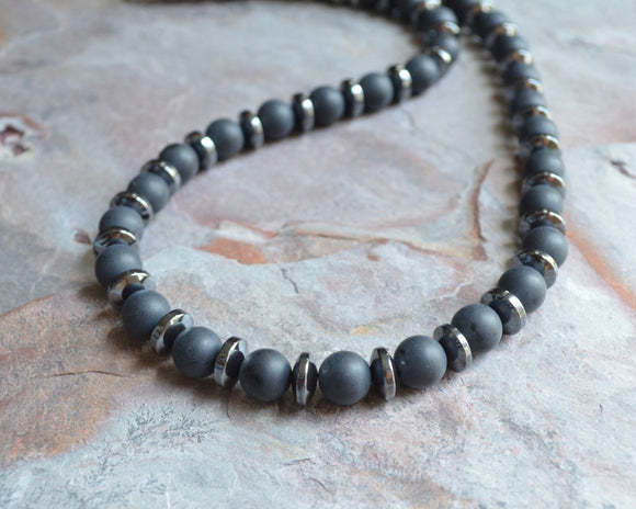 Black Matte Gray Mens Beaded Stone Long Choker Hematite Necklace - Jonas