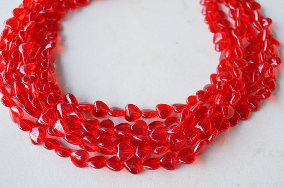 Red Heart Beaded Translucent Glass Valentines Day Multi Strand Statement Necklace