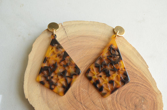 Tortoise Shell Statement Brown Black Lucite Earrings