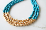 Teal Blue Gold Wood Beaded Multi Strand Chunky Statement Necklace - Lisa