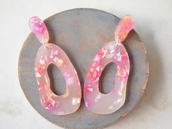 Pink Gold Terrazzo Lucite Acrylic Big Statement Dangle Earrings - Sylvia