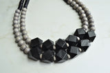 Black Gray Wood Beaded Chunky Block Bead Statement Necklace - Riley