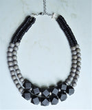 Black Gray Wood Beaded Chunky Block Bead Statement Necklace - Riley
