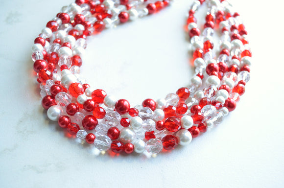 Red Heart Statement Valentines Crystal Chunky Beaded Multi Strand Necklace - Melissa