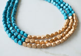 Teal Blue Gold Wood Beaded Multi Strand Chunky Statement Necklace - Lisa