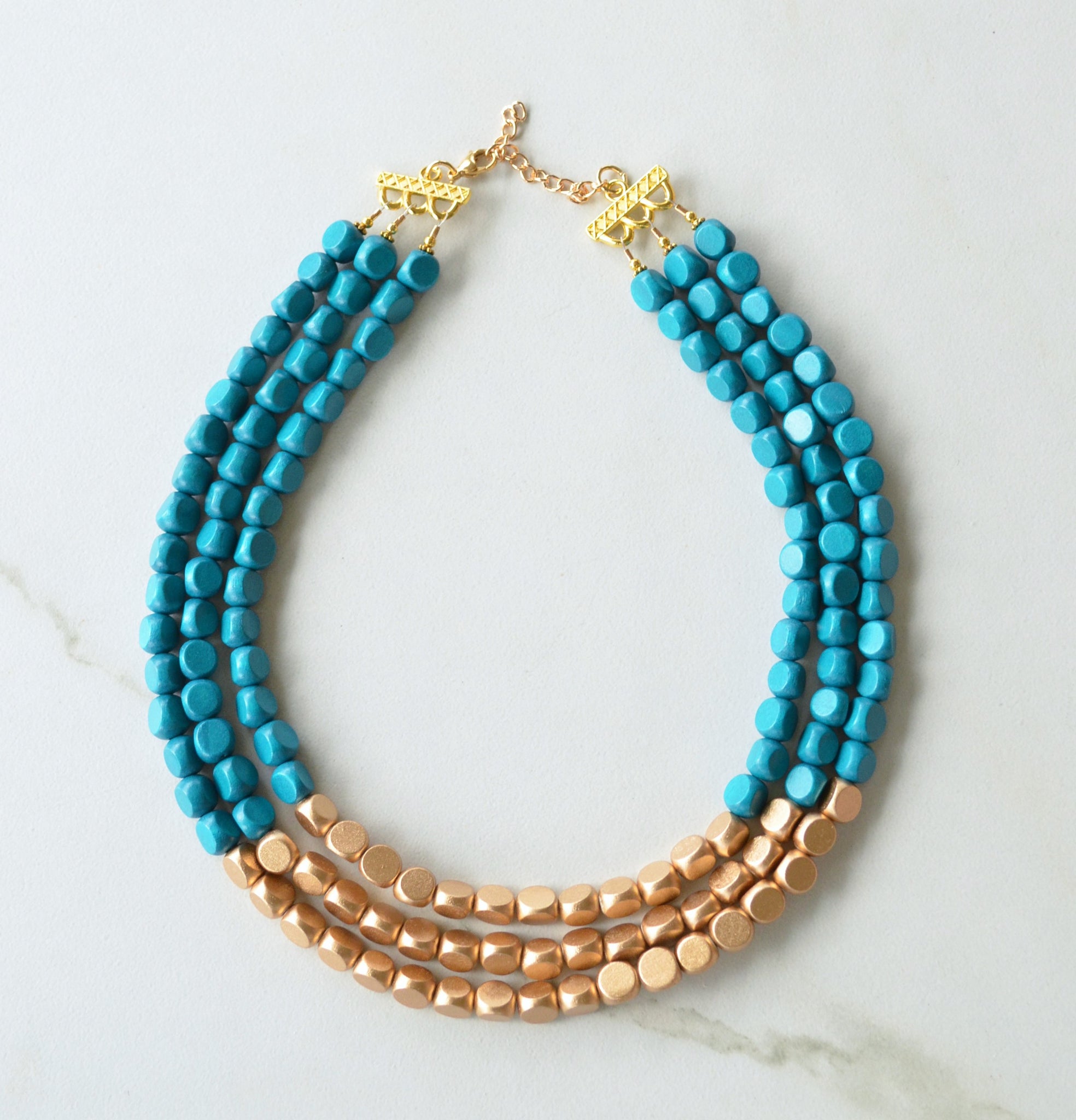 Teal Blue Gold Wood Beaded Multi Strand Chunky Statement Necklace - Li ...