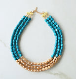 Teal Blue Gold Wood Beaded Multi Strand Chunky Statement Necklace - Lisa