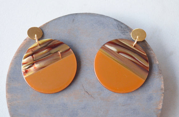 Brown Copper Acrylic Lucite Big Large Dangle Statement Earrings - Orville