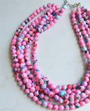 Pink Colorful Chunky Bead Multi Color Statement Necklace - Michelle