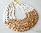 White Ivory Gold Wood Beaded Multi Strand Chunky Statement Necklace - Regan