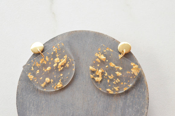 Clear Gold Lucite Big Terrazzo Dangle Womens Statement Earrings - Nora