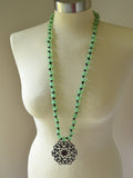 Green Long Knotted Beaded Sea Glass Pendant Boho Statement Necklace - Azores