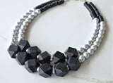 Black Silver Wood Beaded Chunky Multi Strand Statement Necklace - Riley