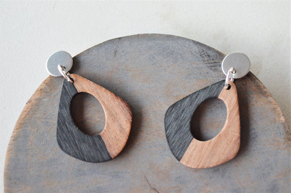 Clear Black Orange Lucite Wood  Big Acrylic Statement Earrings - Veronique