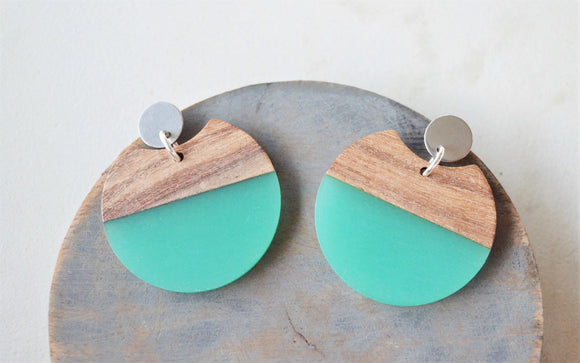Green Turquoise Brown Lucite Wood Big Acrylic Statement Earrings - Hanna