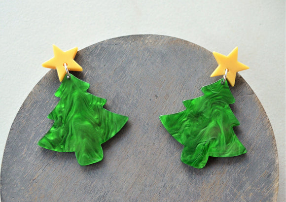 Green Christmas Pine Tree Lucite Acrylic Dangle Statement Earrings