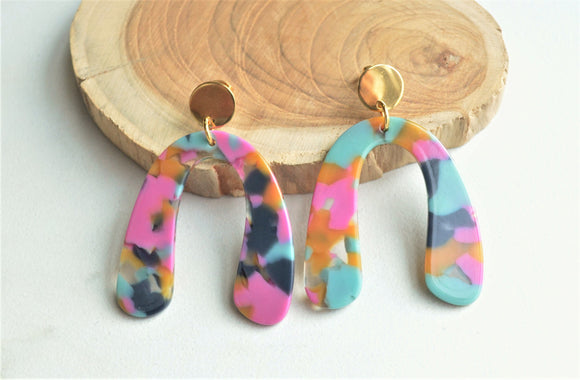 Multi Color Statement Terrazzo Acrylic Lucite Big Earrings - Lillian