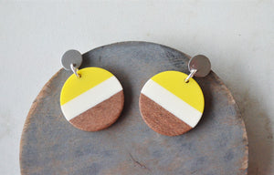 Yellow Green Lucite Stripe Wood Dangle Womens Statement Earrings - Orville