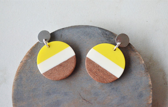 Yellow Green Lucite Stripe Wood Dangle Womens Statement Earrings - Orville