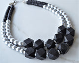 Black Silver Wood Beaded Chunky Multi Strand Statement Necklace - Riley