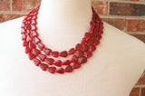 Red Heart Valentines Glass Bead Multi Strand Chunky Statement Necklace