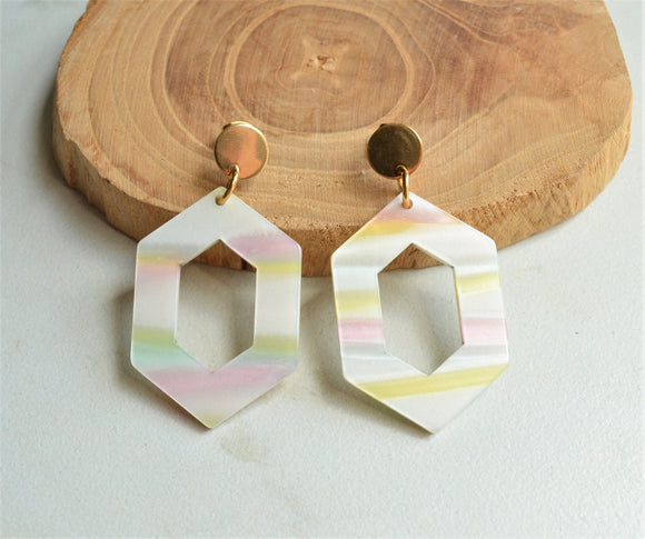 White Pastel Rainbow Acrylic Big Geometric Statement Dangle Womens Earrings - Janet